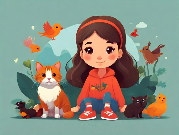 빨간 머리밴드를 입은 소녀가 고양이와 고양이 앞에 앉아 있고, 고양이 트라는 단어가