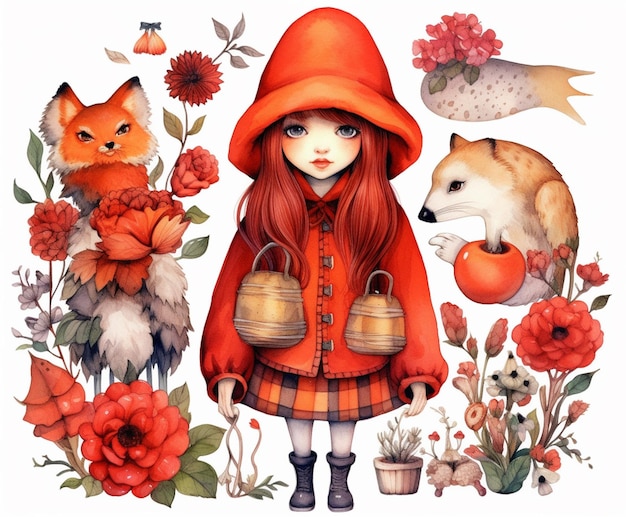 A girl in a red hood and a fox on the left.