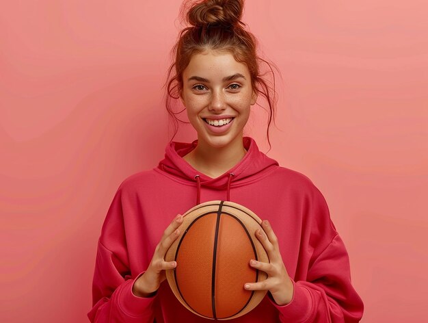 a girl in a red hoodie holds a basketball