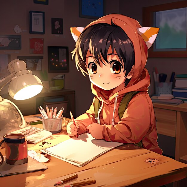 a girl in a red hoodie sits at a desk with a pencil and a lamp.