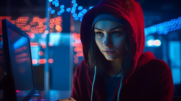 A girl in a red hoodie sits in front of a neon lights