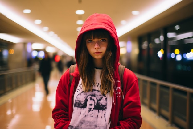 Foto una ragazza con una felpa con cappuccio rossa in piedi in un aeroporto