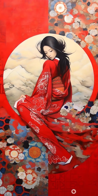 A girl in red is sitting on a red and black mat.