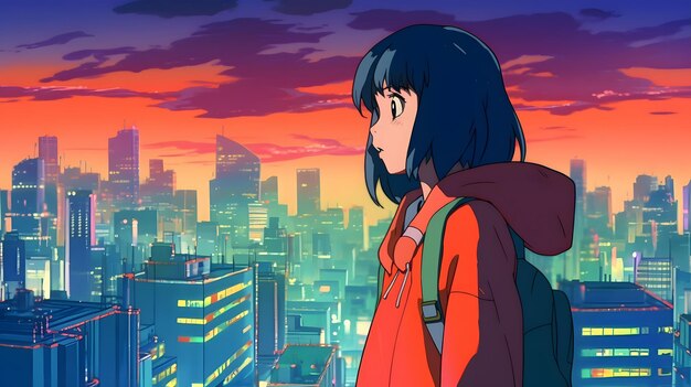 Photo a girl in a red jacket stands in front of a cityscape.