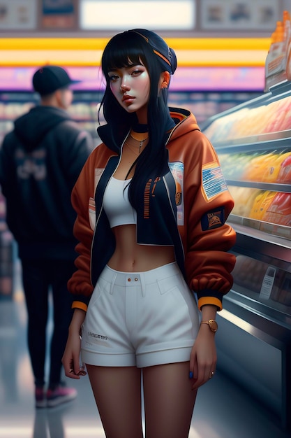 A girl in a red jacket and white shorts stands in front of a fridge with food on it.