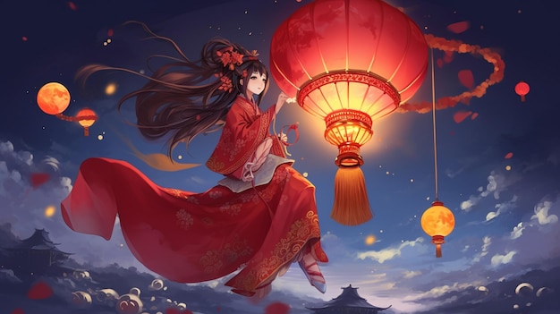 A girl in a red kimono flying over a lantern