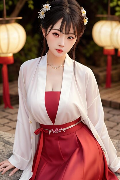 A girl in a red kimono poses in front of lanterns