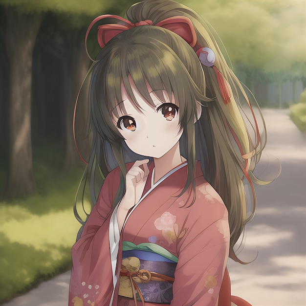 A girl in a red kimono with brown bows on her hair