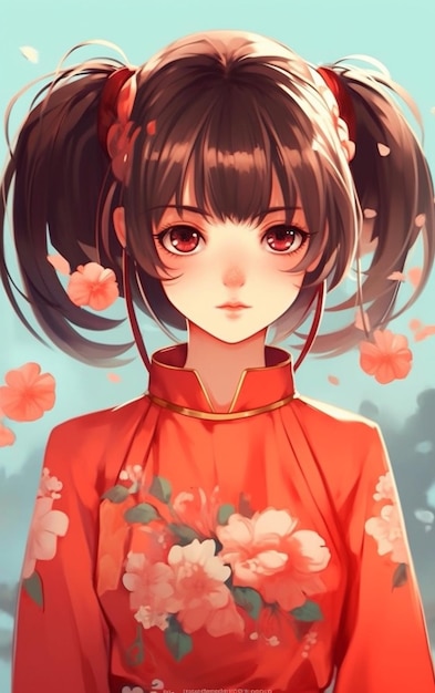 A girl in a red kimono with flowers on her head generative ai