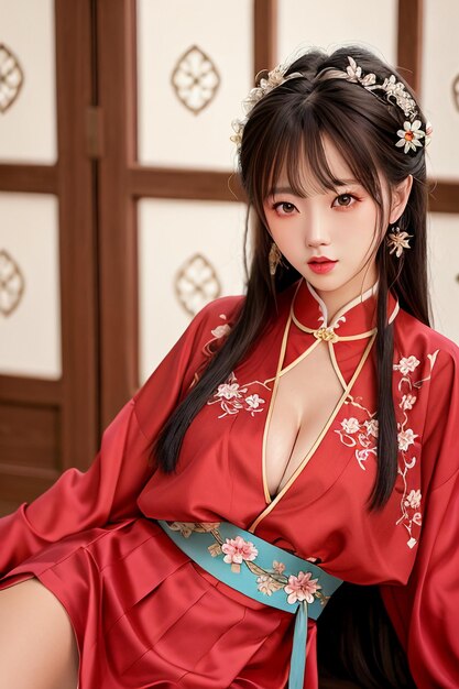 Девушка в красном кимоно со словом hanfu спереди