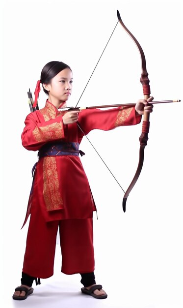 A girl in a red outfit with a bow and arrow