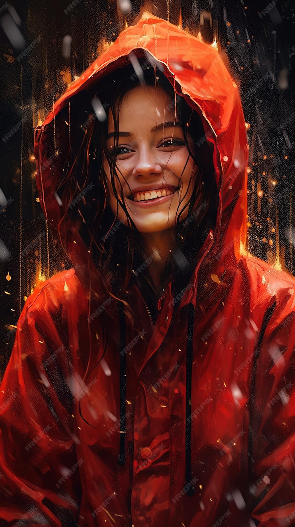 Premium AI Image | A girl in a red raincoat with a red hood