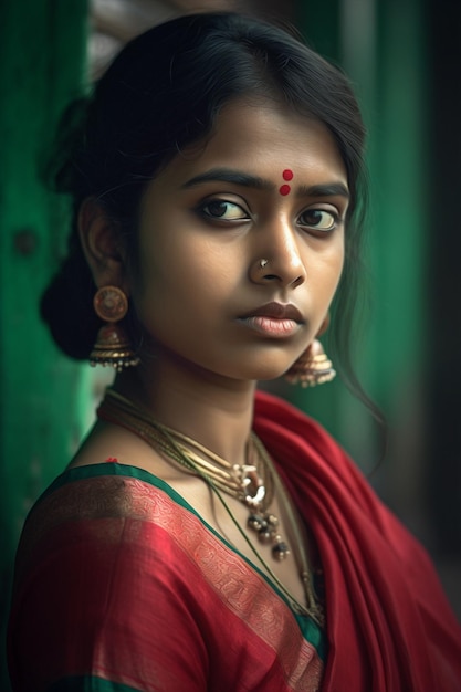 A girl in a red sari looks into the camera.