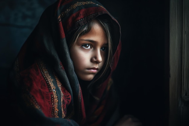 A girl in a red shawl looks out into the distance.