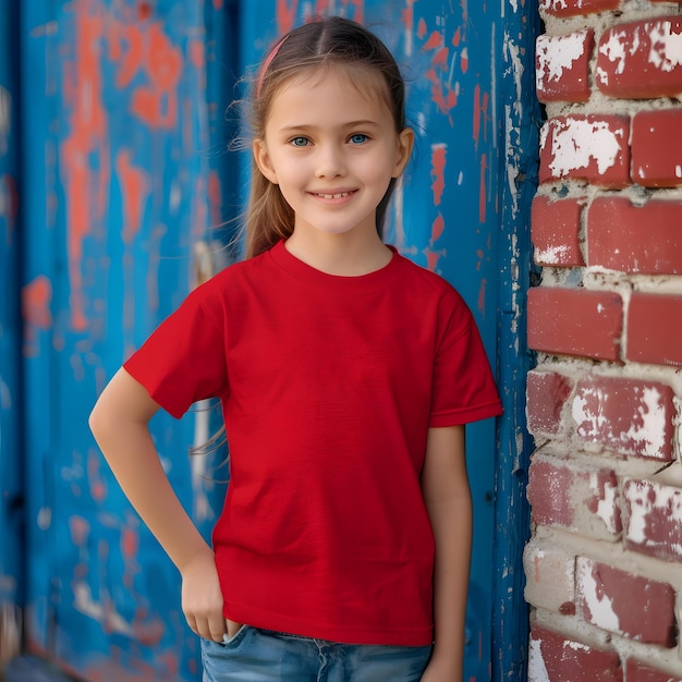 빨간 셔츠를 입은 소녀가 벽돌 벽 앞에 서 있다