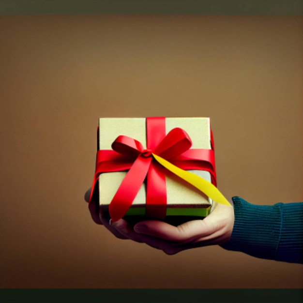 A girl in a red sweater holds a yellow gift with a red ribbon mothers day mom gift