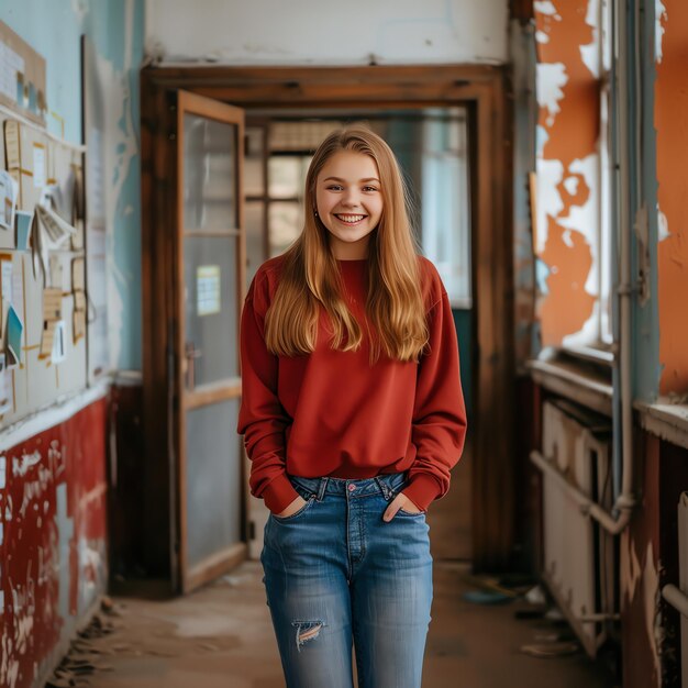 Photo a girl in a red sweater smiles in front of a wall with a paper on it