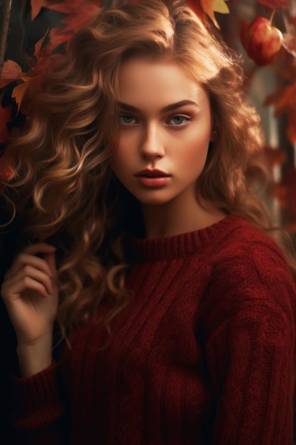 가을이라는 단어가 적힌 빨간 스웨터를 입은 소녀