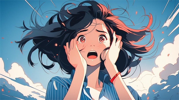 A girl in a red tshirt is crying vector illustration