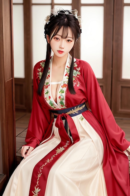 A girl in a red and white kimono with the word hanfu on the front.