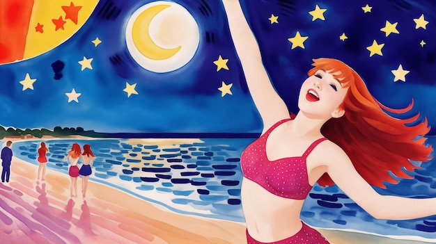 The girl rejoices and dances under the moon at night on the seashoreWatercolor drawingDigital creative designer art drawing