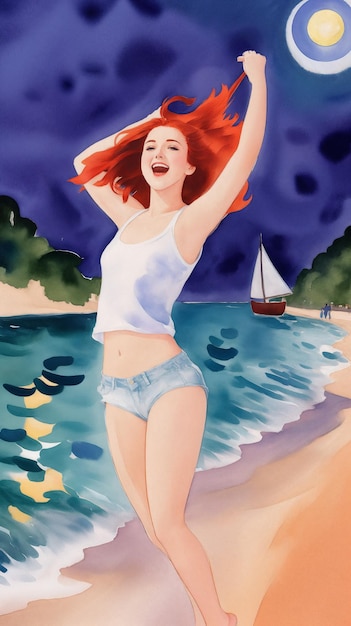 The girl rejoices and dances under the moon at night on the seashoreWatercolor drawingDigital creative designer art drawing