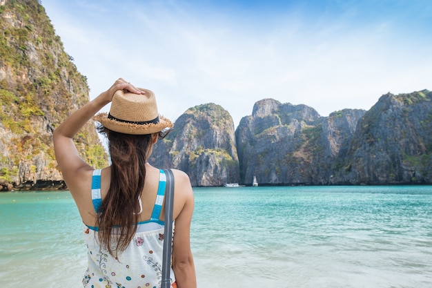 Girl relaxes on the Maya beach, Thailand