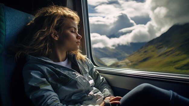 Photo girl relaxing while traveling by train