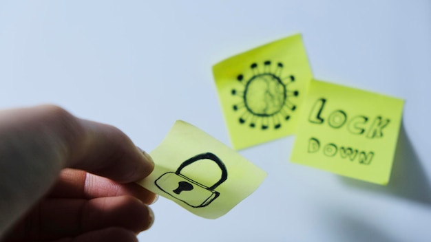 Girl removing a post it from china lockdown padlock for covid 19