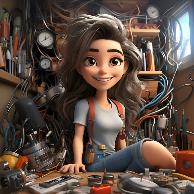 Girl in the repair shop Cartoon character 3D rendering