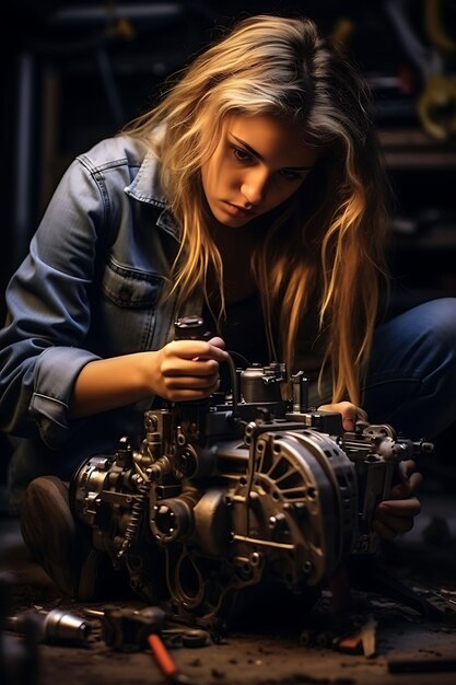 A Girl Researching With a Model Engine Taking It Apart Syste Digital Native Gen Alpha Generation