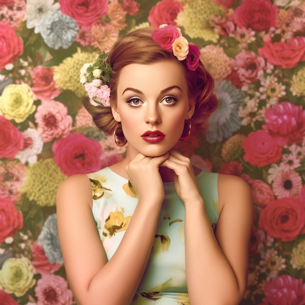 Girl in retro flower dress on flower background generative ai