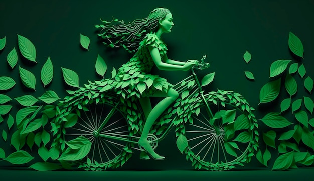 A girl rides a bicycle made of green leaves the concept of ecology and the environment on a green background Generative Ai