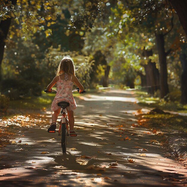 Photo a girl rides a bike in a park with the sun shining on her face