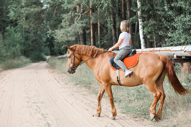 A girl rides a horse in the hot summer in the forest