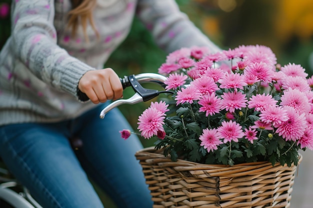 a girl riding a bicycle with a basket of flowers