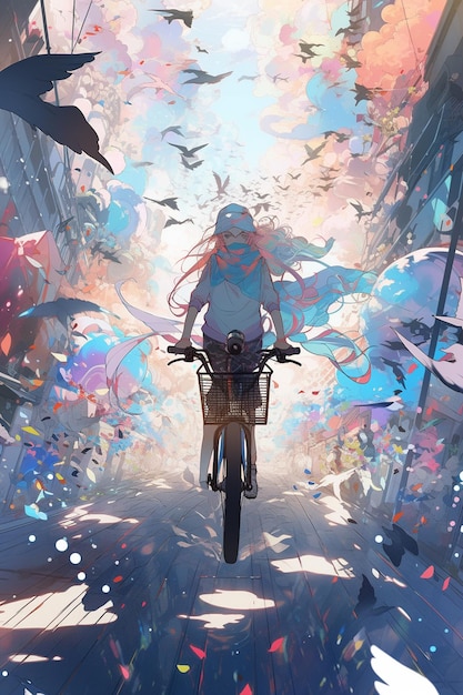 A girl riding a bike with a blue hat on.