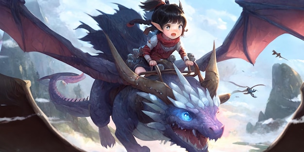 A girl riding a dragon with a blue dragon on it.