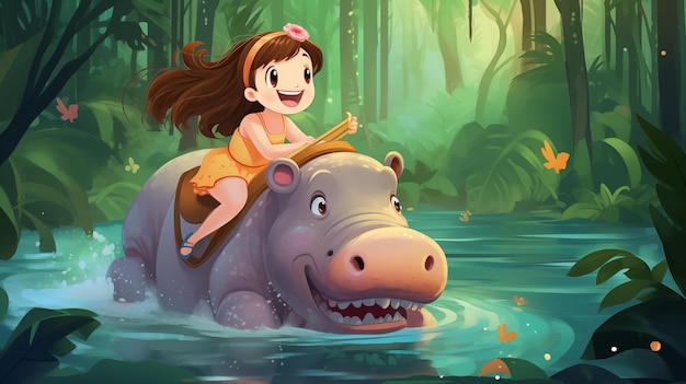 girl riding a hippopotamus in the forest Childrens illustration