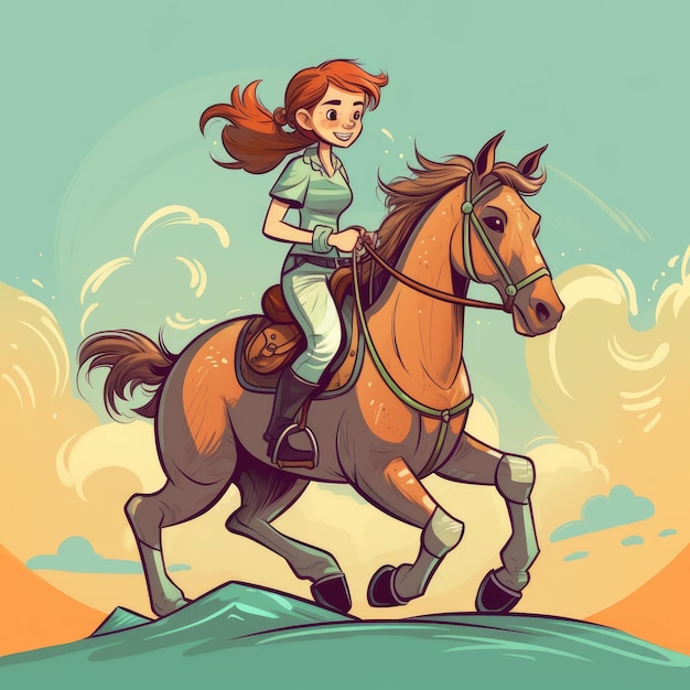 A girl riding on a horse cartoon illustration with generative ai