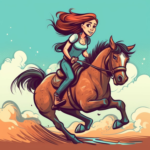 A girl riding on a horse cartoon illustration with generative ai
