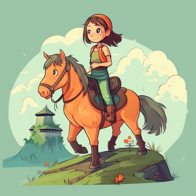 A girl riding on a horse cartoon illustration with generative ai