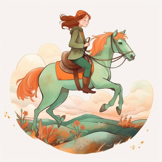 Девушка верхом на лошади мультяшная иллюстрация с генеративным искусственным интеллектом