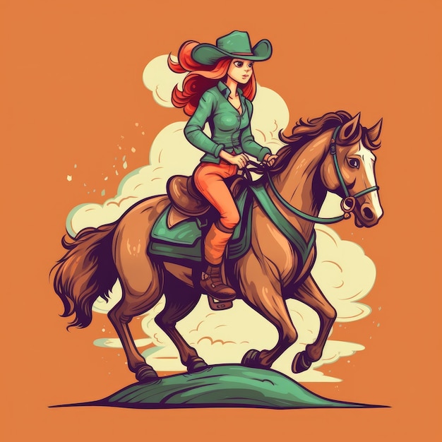 A girl riding on a horse cartoon illustration with generative ai