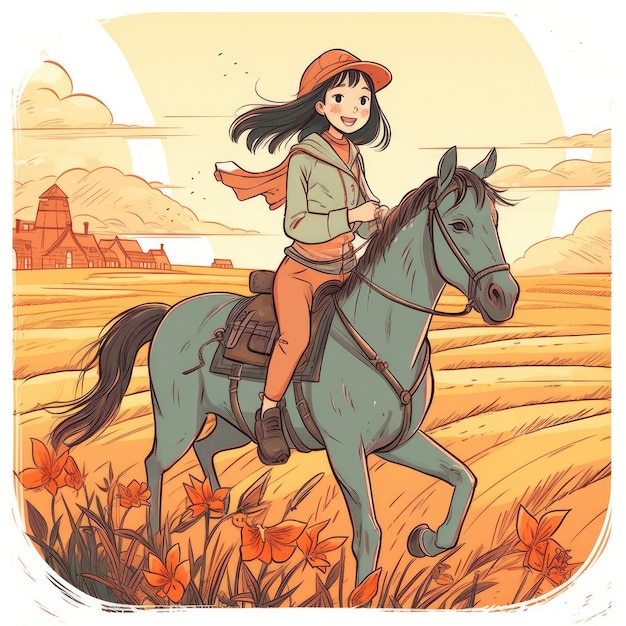 A girl riding on a horse cartoon illustration with generative ai