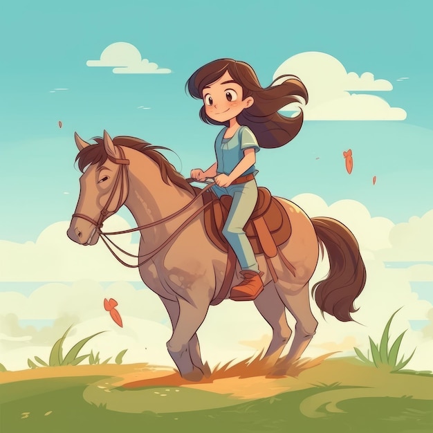 Photo a girl riding on a horse cartoon illustration with generative ai