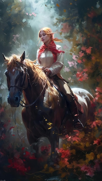 A girl riding a horse with a red scarf.