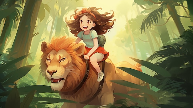 Girl riding a lion in the forest childrens illustration