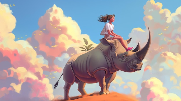 Girl riding a rhino Childrens illustration