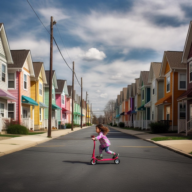 A girl riding a scooter in a street with a blue sky in the background.